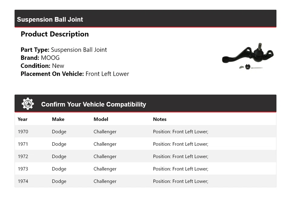 Rótula de suspensión delantera izquierda inferior MOOG 1970-1974 Dodge Challenger Foto 2 de 4