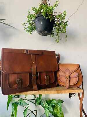 18'' Vintage Leder Herren Aktentasche Schulter Kuriertasche Gratis Tasche [7X9...