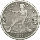 1877 Trade Silver Dollar $1, Fine F, Damaged Obverse