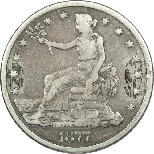 1877 Trade Silver Dollar $1, Fine F, Damaged Obverse