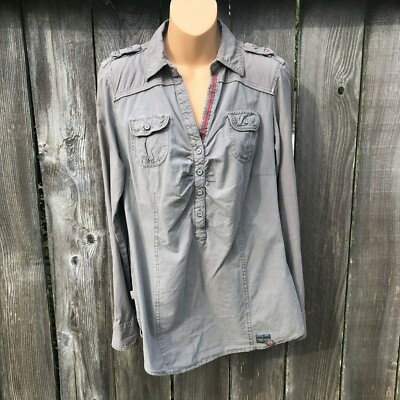 Soccx Woman Size M/38 Long Sleeve Pullover V-Neck Top Gray Pinstripe Fly Company