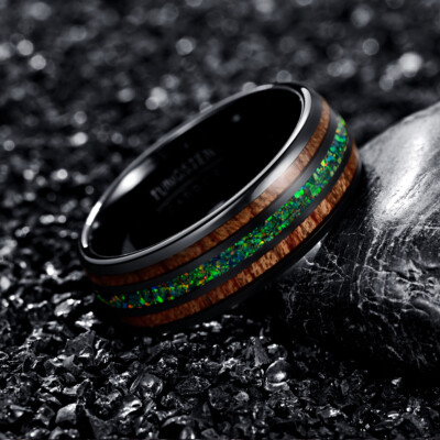 8mm Wood Opal Tungsten Mens Ring Wedding Band for Men Women Comfort Fit 6-14