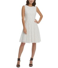 DKNY Womens Lace Overlay Fit & Flare Dress, White, 14