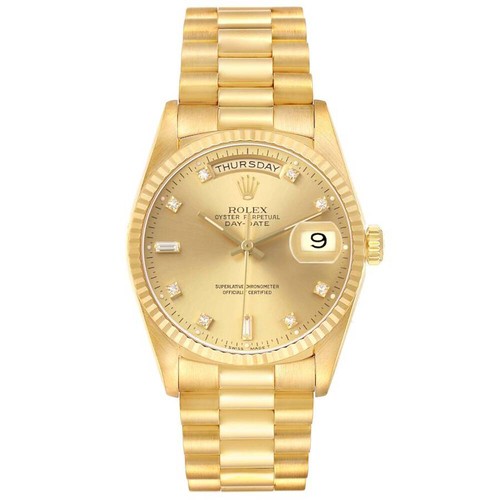 Rolex 36mm Day-Date Presidential 18K Watch with Champagne Diamond Dial. (18238)