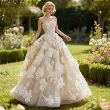Strapless Champagne Tulle Ball Gown 3D Floral Appliques Garden Wedding Dresses