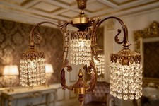 Splendido Lampadario Vintage A Sospensione Ottone E Cristalli, Stile Impero