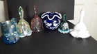Fenton Blue Glass Vase Signed Nancy Fenton + Hand Painted Bells & Creamer Lot of