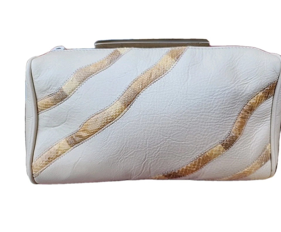 Bolso de mano de colección años 80-90 de cuero beige mágico con piel de serpiente a rayas con cremallera *LEER* Foto 2 de 4