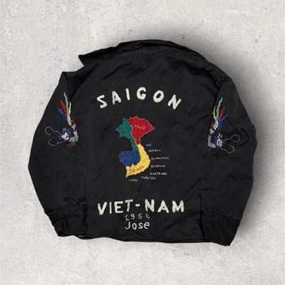 Youth Black Embroidered Vietnam Saigon 1966 Souvenir Tour Bomber Jacket  