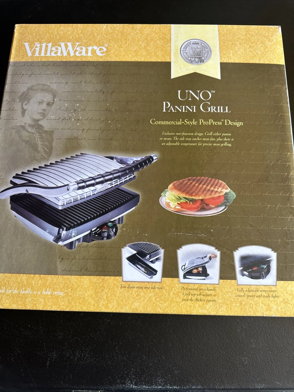 VillaWare Uno Panini Grill Press ProPress Sandwich Maker Model 2160 Chrome
Opens in a new window or