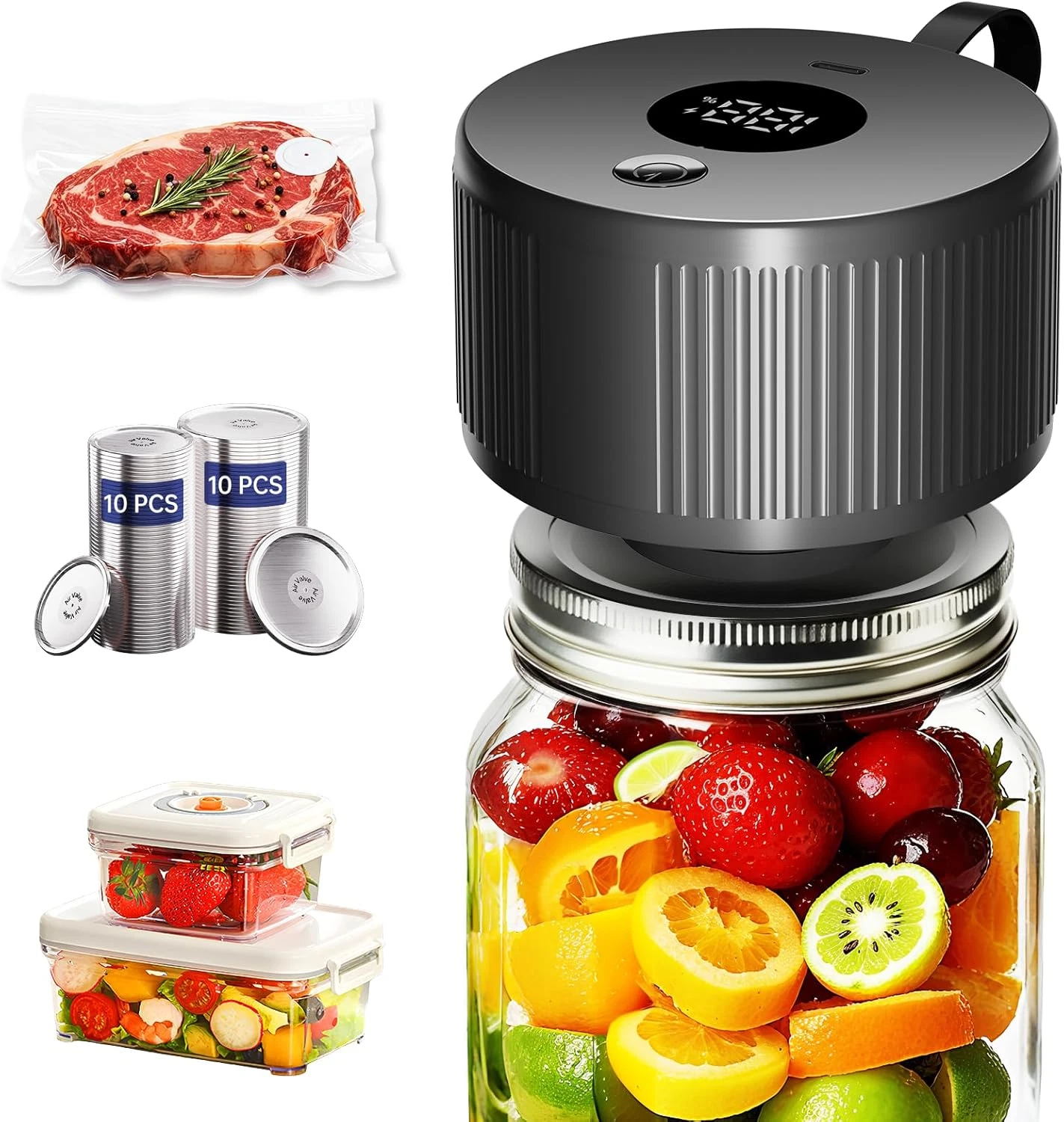 Electric Mason Jar Vacuum Sealer Cordless 3-in-1 Air Valve Lids Kit