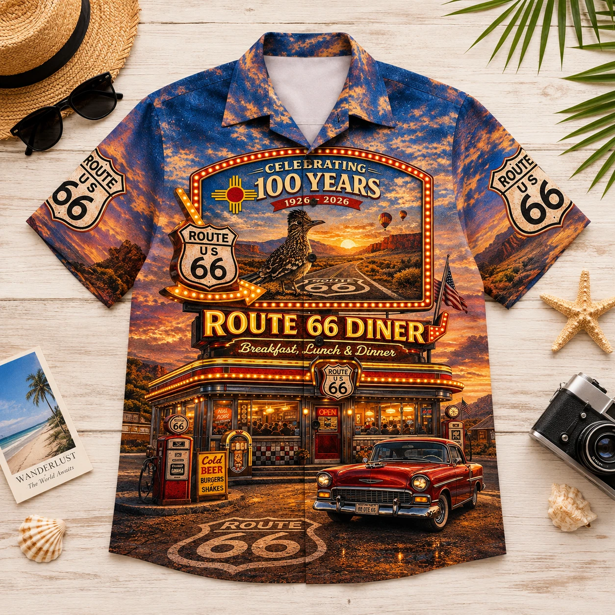 Route 66 100th Anniversary Hawaiian Shirt Button Down Vintage Car Beach Shirt