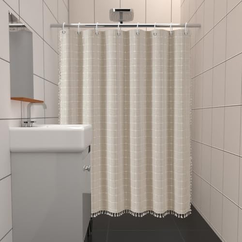 Boho Plaid Shower Curtain Farmhouse Striped Polyester-linen Fabric Shower Cur... - Picture 2 of 7