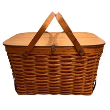 Vintage Wicker Picnic Basket with Wood Lid Handles 18" Hawkeye?