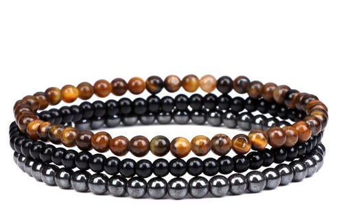 Lot De 3 Bracelets Pierres Naturelles - Œil De Tigre, Hématite, Onyx - Faits Main Sur Mesure