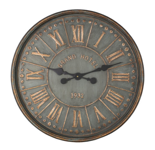 Duży okrągły postarzony zielony metalowy zegar ścienny Grand Hotel brązowe cyfry 60cm - Zdjęcie 1 z 1