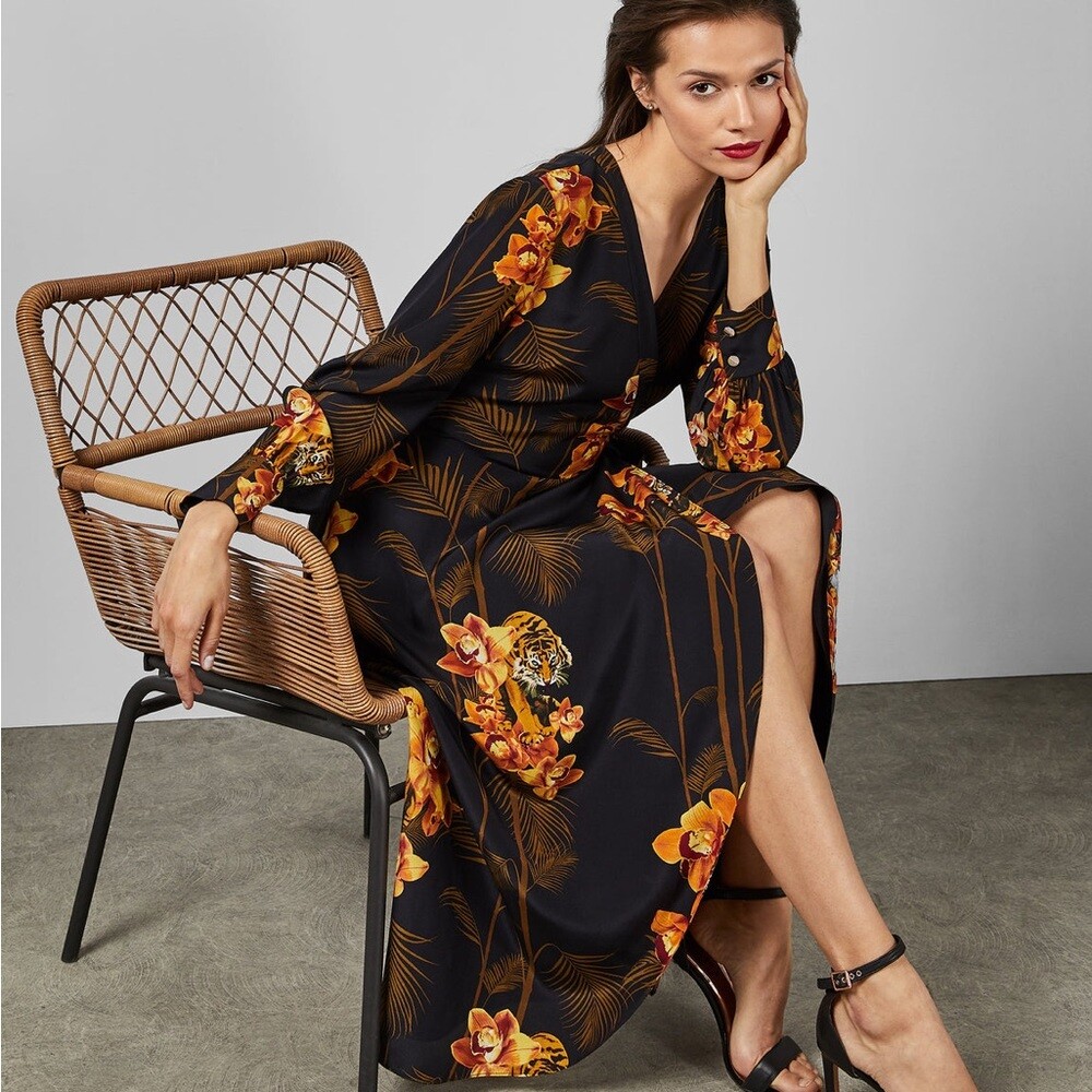 Ted Baker Stela Caramel Floral Print Long Sleeve Silk Midi