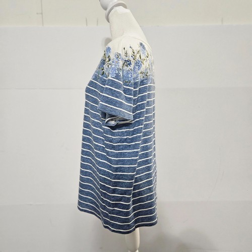 Croft & Barrow Size L Classic Tee Blue/White Striped Blouse T Shirt with Floral - Picture 7 of 15