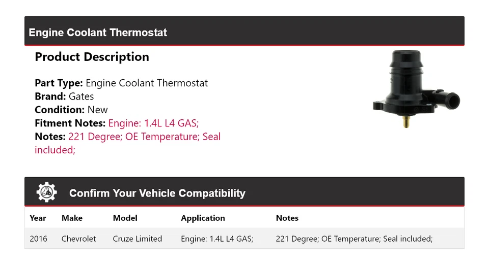 For 2016 Chevrolet Cruze Limited 1.4L L4 GAS Engine Coolant Thermostat Gates - Image 2 of 4