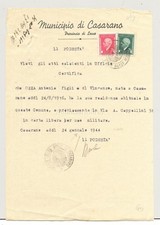 1944 Municipio di Casarano (Lecce) certificato di residenza con marche da bollo