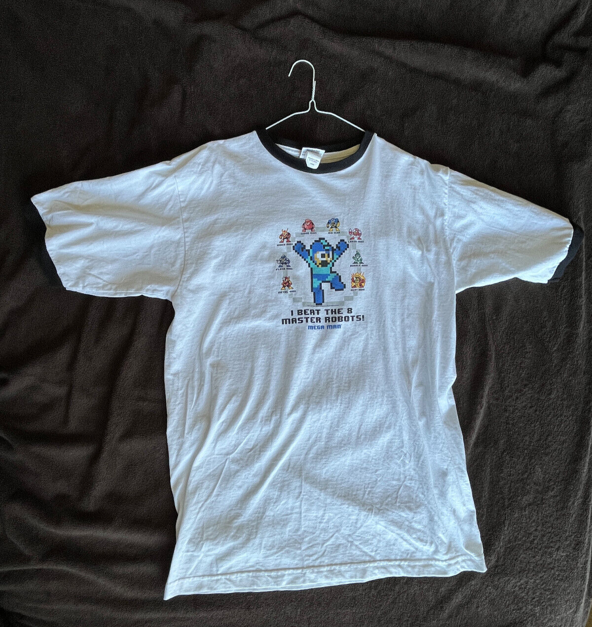 ALTRA Mega Man T Shirt I Beat the 8 Master Robots Bianca Autentica (Capcom) USATA