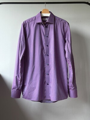 Eton of Sweden Contemporary Fit Purple Checked Cotton L/S Dress Shirt Size L