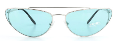 PRADA Sonnenbrille SPR 62V Pilot Cat Eye Schmal Silber Türkis Blaues Glas +Etui