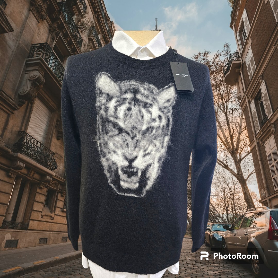 Saint Laurent YSL Maglione pullover in lana mohair testa di tigre nero XL $1290 nuovo con etichette