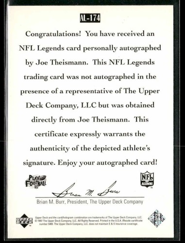 1997 Upper Deck Legends #AL-174 Joe Theismann Autographs - Picture 2 of 2