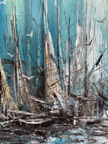 MORRIS SIGNED SAILBOAT MARINA OIL PAINTING ABSTRACT SEASCAPE SEA BIRDS AND BOATS - Picture 10 of 16