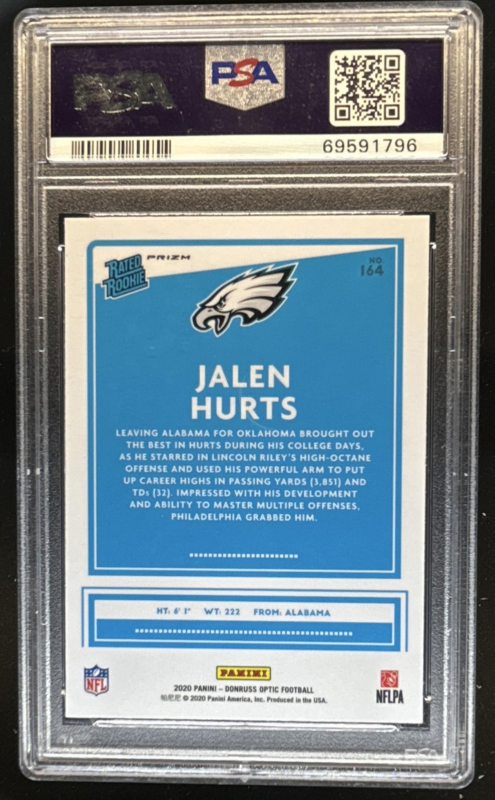 2020 Panini Donruss Optic Jalen Hurts Purple Shock Prizm RC #164 Eagles PSA 10 view 2