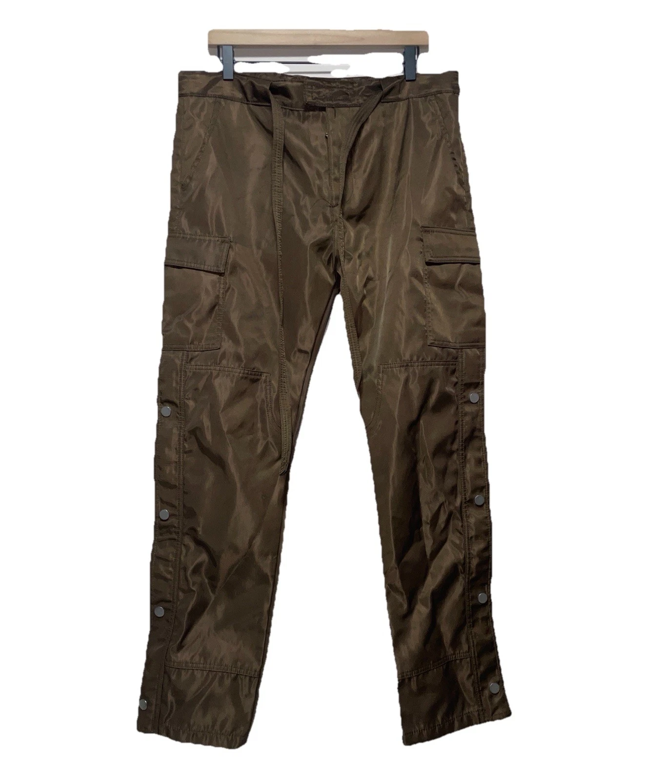 MNML Men’s 33 Brown Nylon Snap Zipper Cargo Pants Drawstring Hook & Loop Pockets