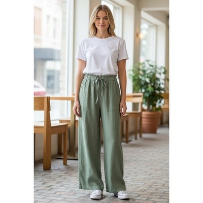Thread + Supply Pant Womens M Sage Green Wide Leg Drawstring Elastic linen blend