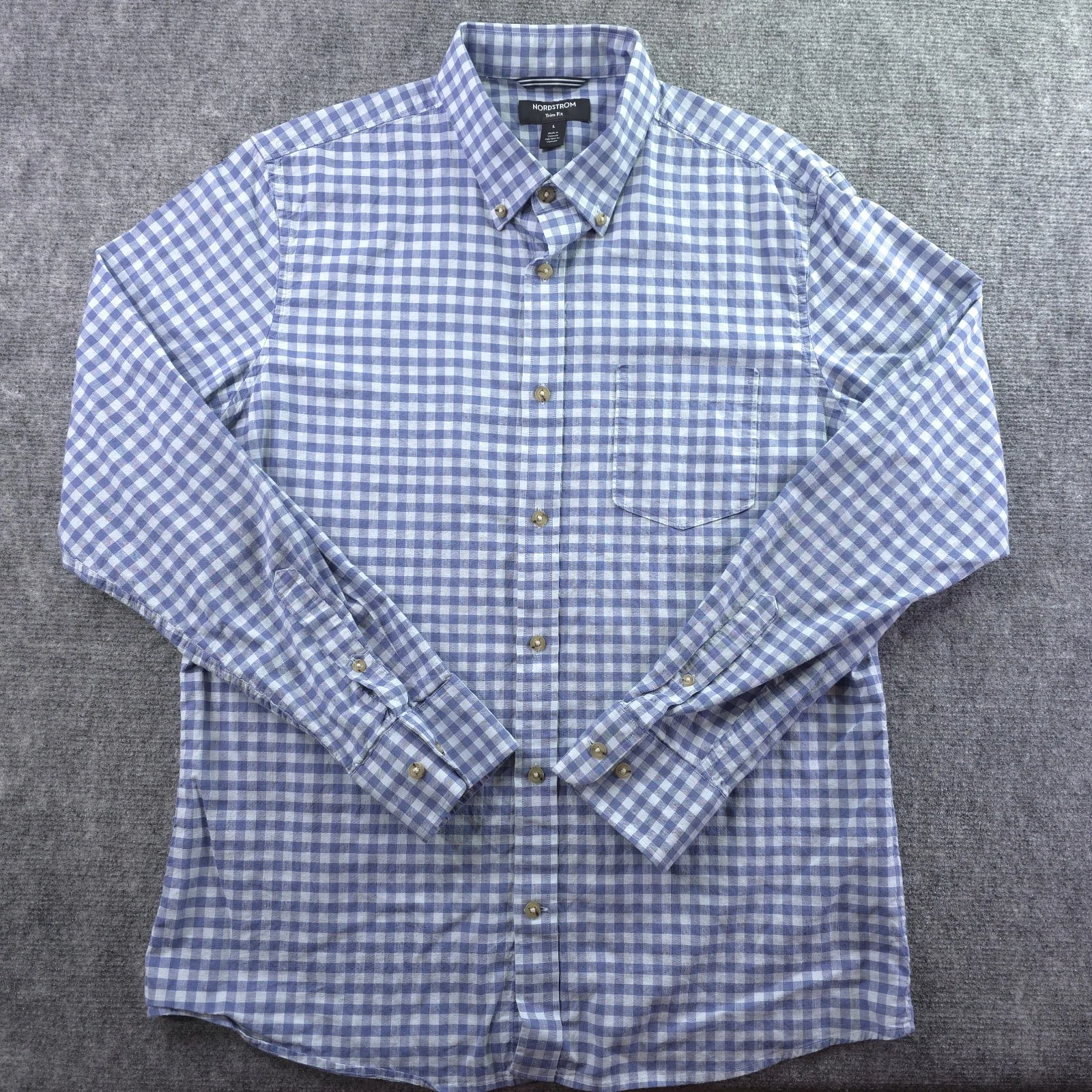 Nordstrom Shirt Large Trim Fit Blue Check Long Sleeve Button Down Linen Blend