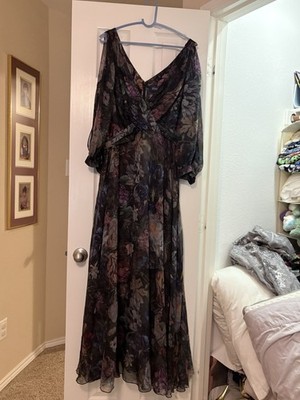 Marchesa Notte Size 14 Floral Chiffon Maxi Gown Black Purple Formal Wedding