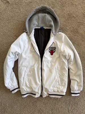 DeFacto NBA Chicago Bulls Jacket Mens L White Padded Hooded Bomber Coat Slim Fit