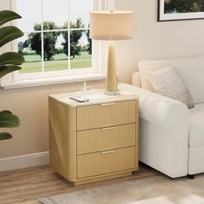 Fluted 3 Drawer Nightstand Modern Side Table With Power Outlet & Faux Marble Top