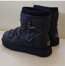 UGG Black Quilted Leather Faux Fur Lined Ankle Winter Boots Pull On Logo Metal