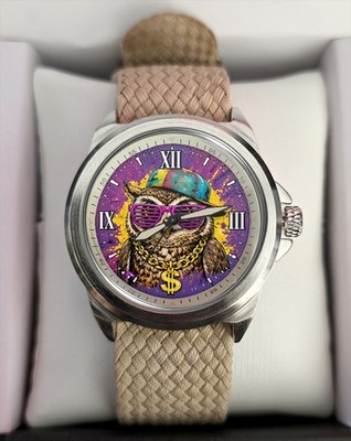Lustige Pop Art Punk Eule Khaki Stoff Armbanduhr Originalverpackt