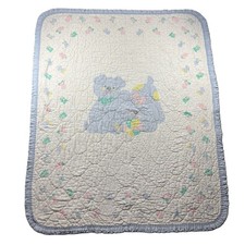 Vintage Baby Crib Blanket Pastel Dog Family Ruffle Trim Quilted 34x41