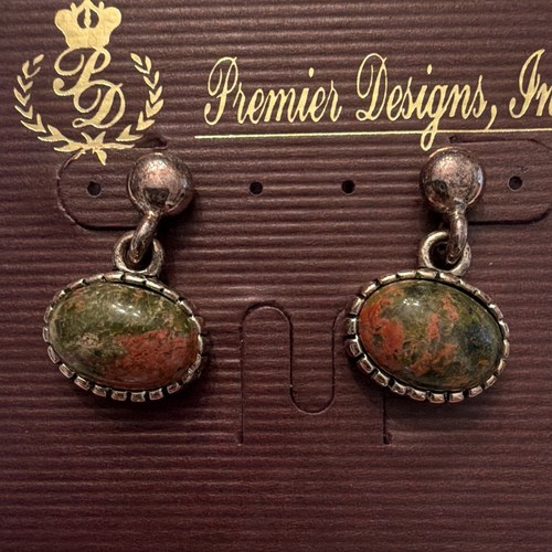 Premier Designs Spice Unakite Oval Dangle/Stud Earrings Silver Tone Butterfly