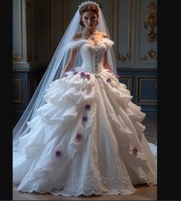 Romantic Victorian Wedding Dress Off Shoulders Purple Florals Regal Bridal Gowns