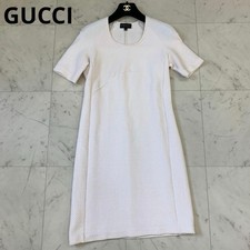 GUCCI Dress L Size Short Sleeve Textured White Elegant Design 86 cm Length