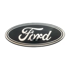 Premium Logo 7" Emblem:  BLACK w Silver Edge Oval Chrome Logo for Ford Grille
