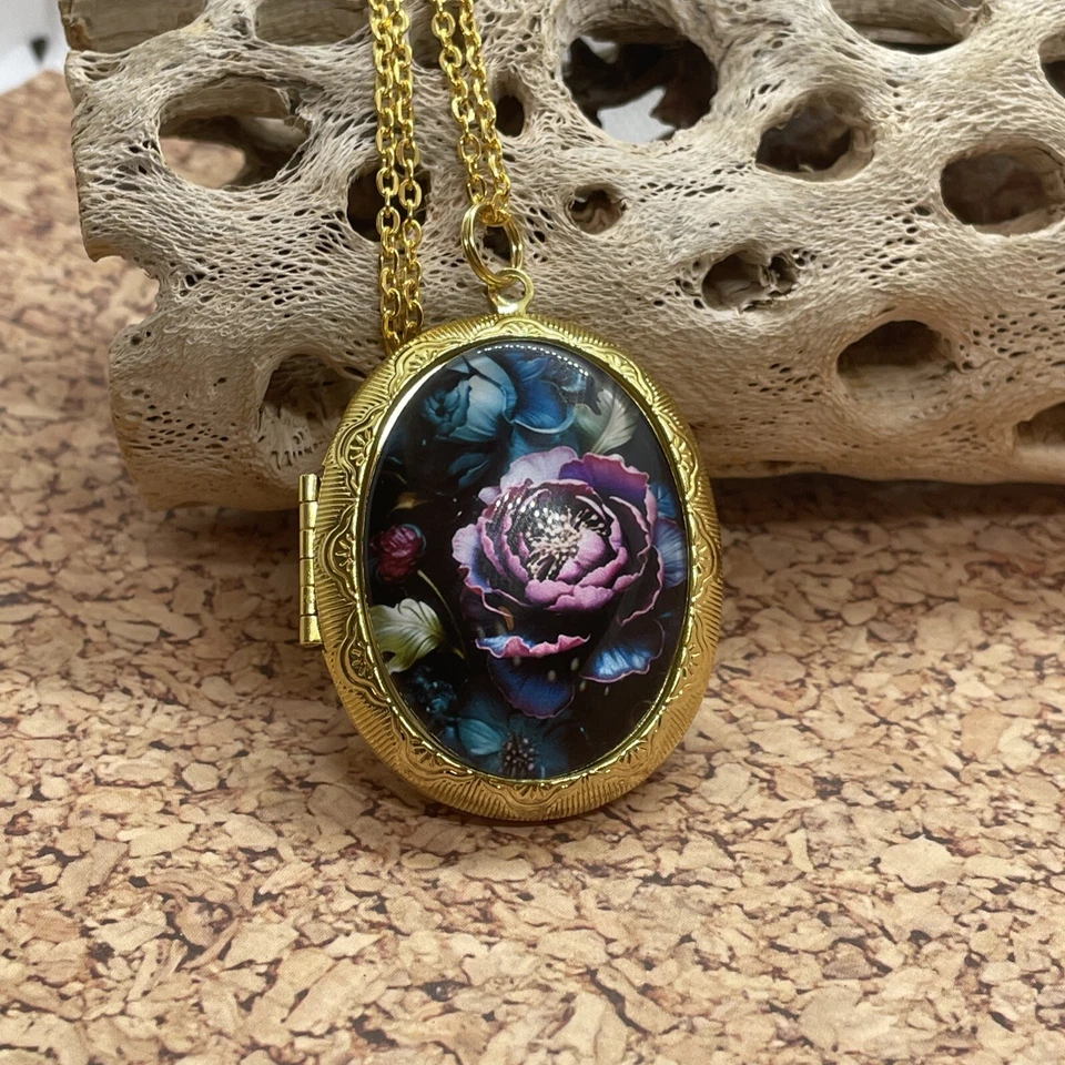 Medallón con foto dorado recuerdo de boda urna de ceniza medallón flor púrpura verde azulado collar Foto 2 de 4