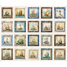 Nautical Lighthouse Ship Sailboat Fabric Ecru Cream Cotton QT 36"X44" Panel