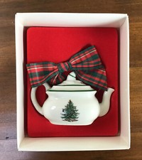 SPODE Christmas Tree Miniature Ceramic Teapot Ornament w/ Red Tartan Bow