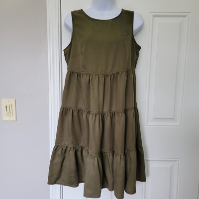 Tommy Hilfiger Olive Green Tiered Sleeveless Ruffled Short Dress Logo Size  S | eBay
