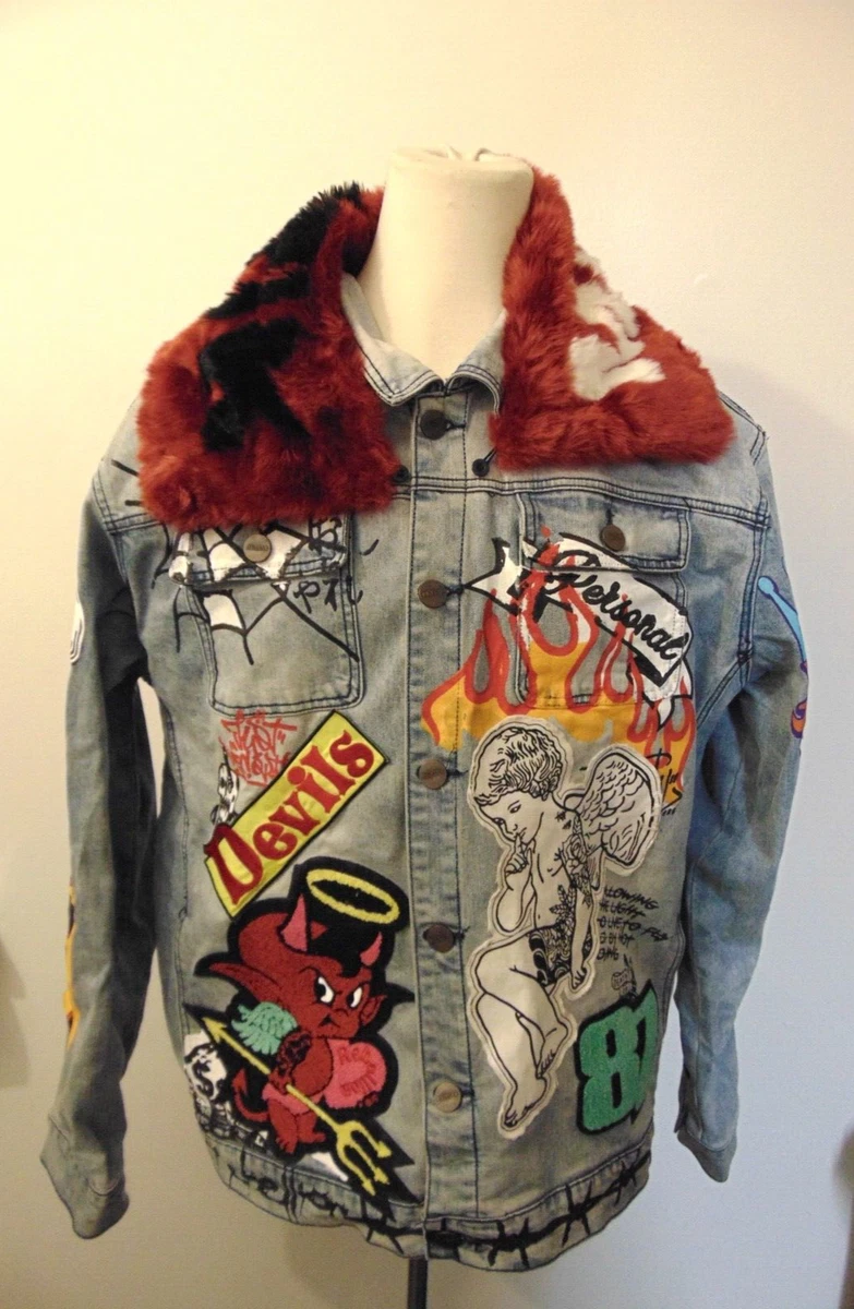 Majestik Men s Graphic Patched Fur Collar Denim Jacket Size XXL eBay