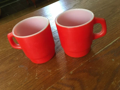 Vintage Anchor Hocking Stacking Coffee Cups pair Red Mid Century Ovenproof 312